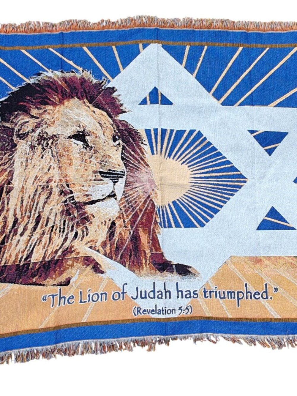 Vintage Lion Of Judah Cotton Woven Tapestry Throw Blanket Blue Fringe 57"x47"